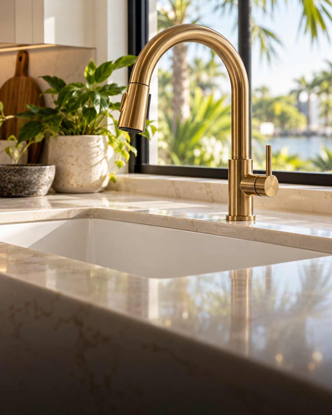 Illustrative image of a gold kitchen faucet and residential sink